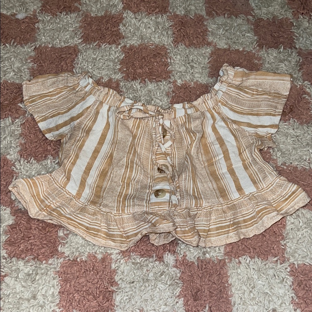 Striped Tan and White Crop Top with Ruffled Hem